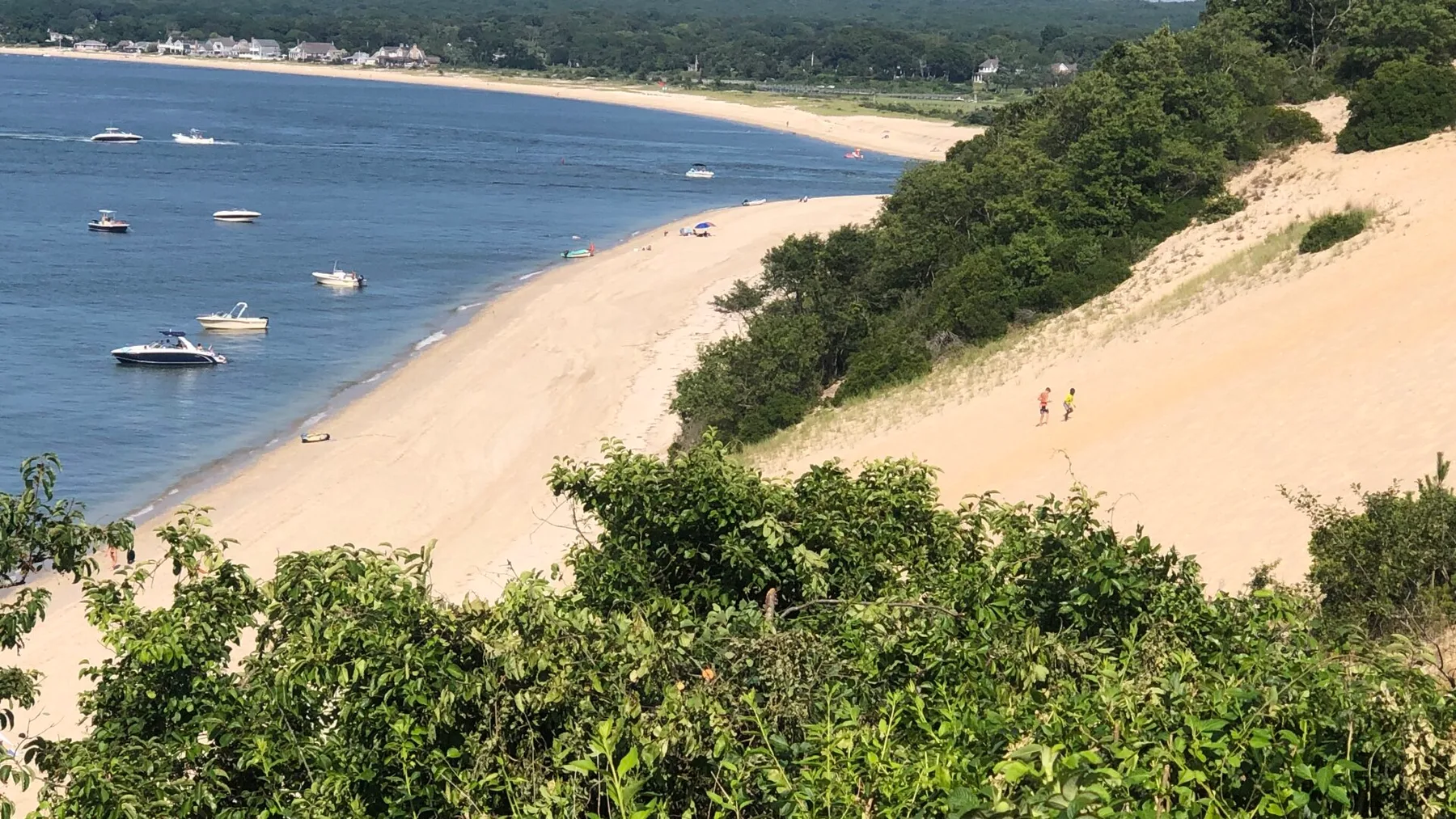 Una playa de arena bordea el agua, con barcos mar adentro y vegetación en la ladera.