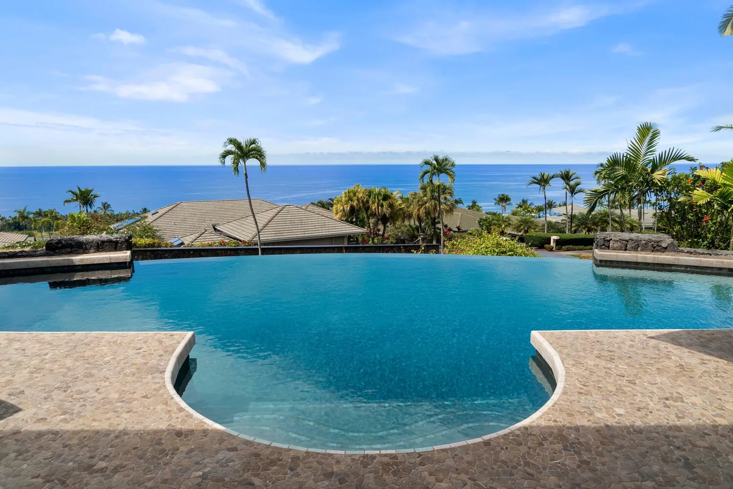 Una piscina curva tiene vistas al océano, con palmeras junto a la costa.