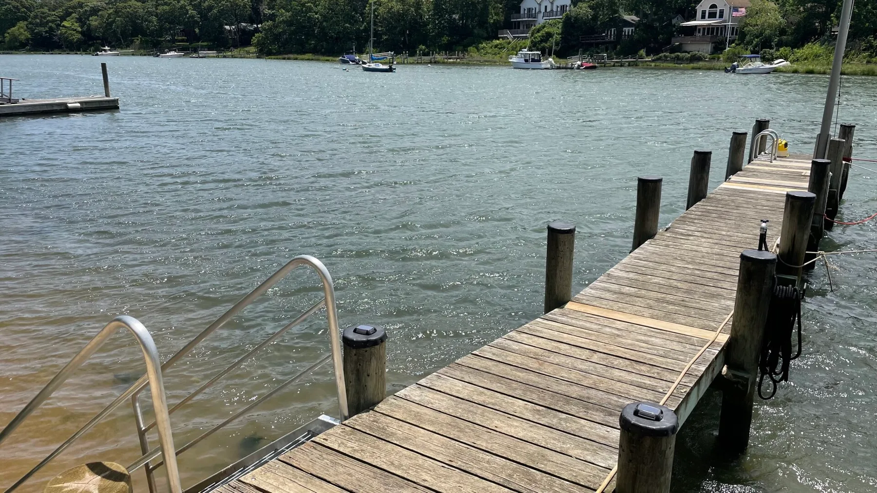 A wooden dock extends over the water, with a metal ladder at its edge.