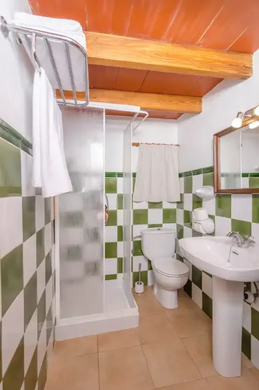 Un baño con ducha, inodoro y lavabo junto a paredes alicatadas en verde y blanco.