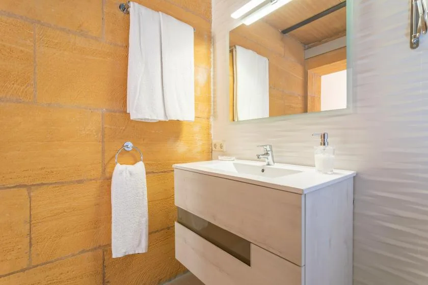 Un mueble de baño con lavabo y espejo junto a paredes de tonos cálidos.