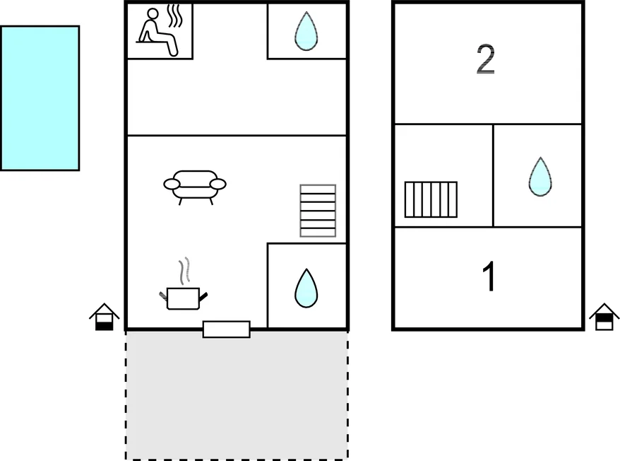Un plano sencillo muestra la distribución de una habitación con muebles y zonas señaladas.