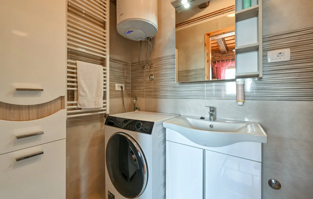 Un baño con lavabo, lavadora y espejo de pared.