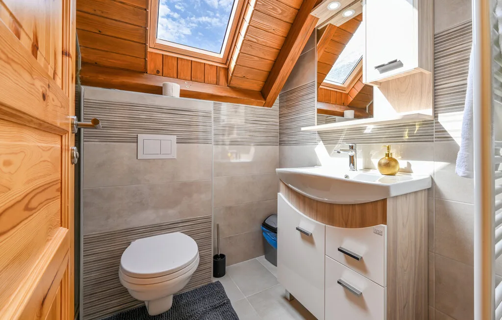 Un baño luminoso con lavabo, inodoro y tragaluz bajo un techo inclinado de madera.