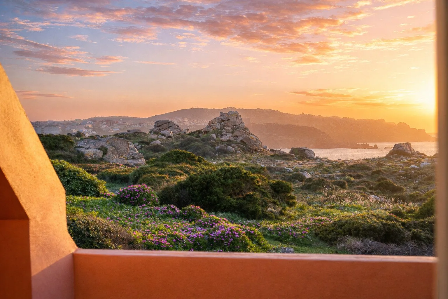 A rocky coastal landscape with low shrubs overlooks the water at sunset.