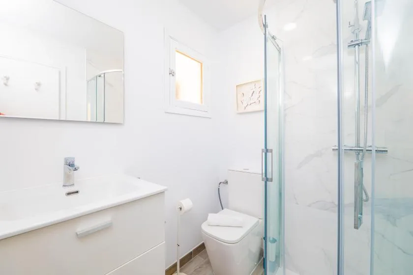 Un baño luminoso con lavabo, inodoro y ducha de vidrio.
