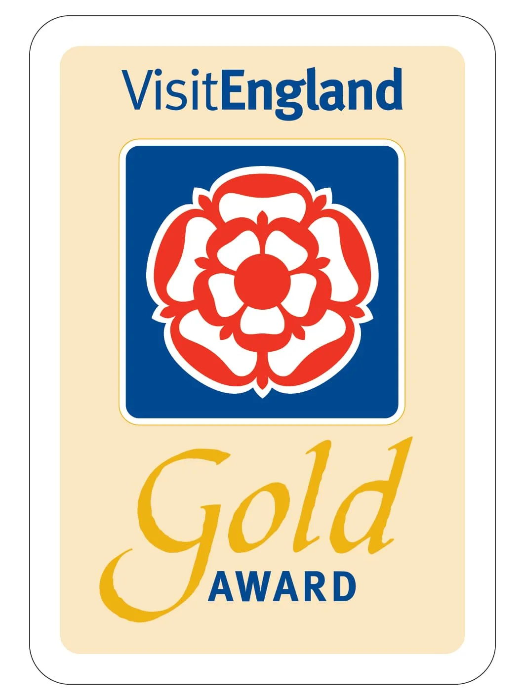 A VisitEngland Gold Award badge with a red-and-white floral emblem.