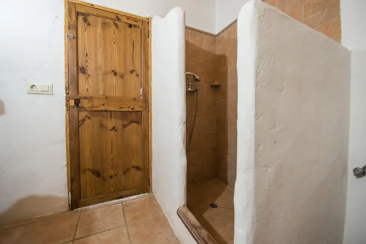 A bathroom shower area with a wooden door and tiled floor.
