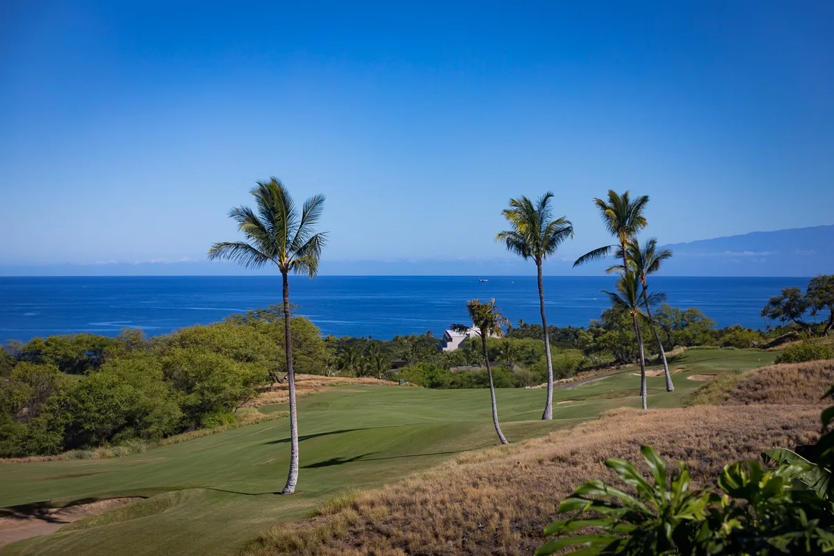 Un campo de golf costero mira al océano, con palmeras junto al césped.