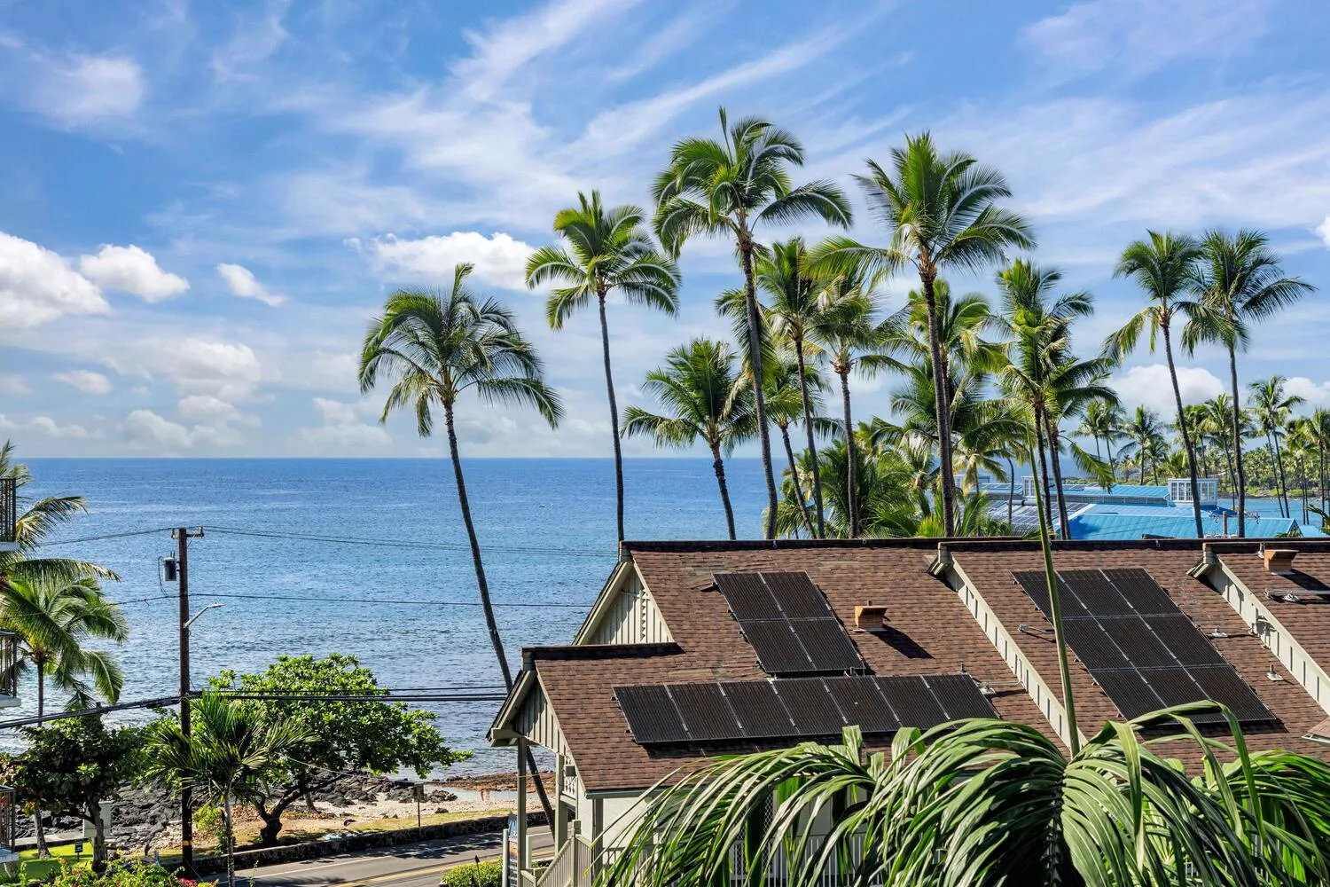 Coastal scene with palm trees, ocean views, and rooftops with solar panels.