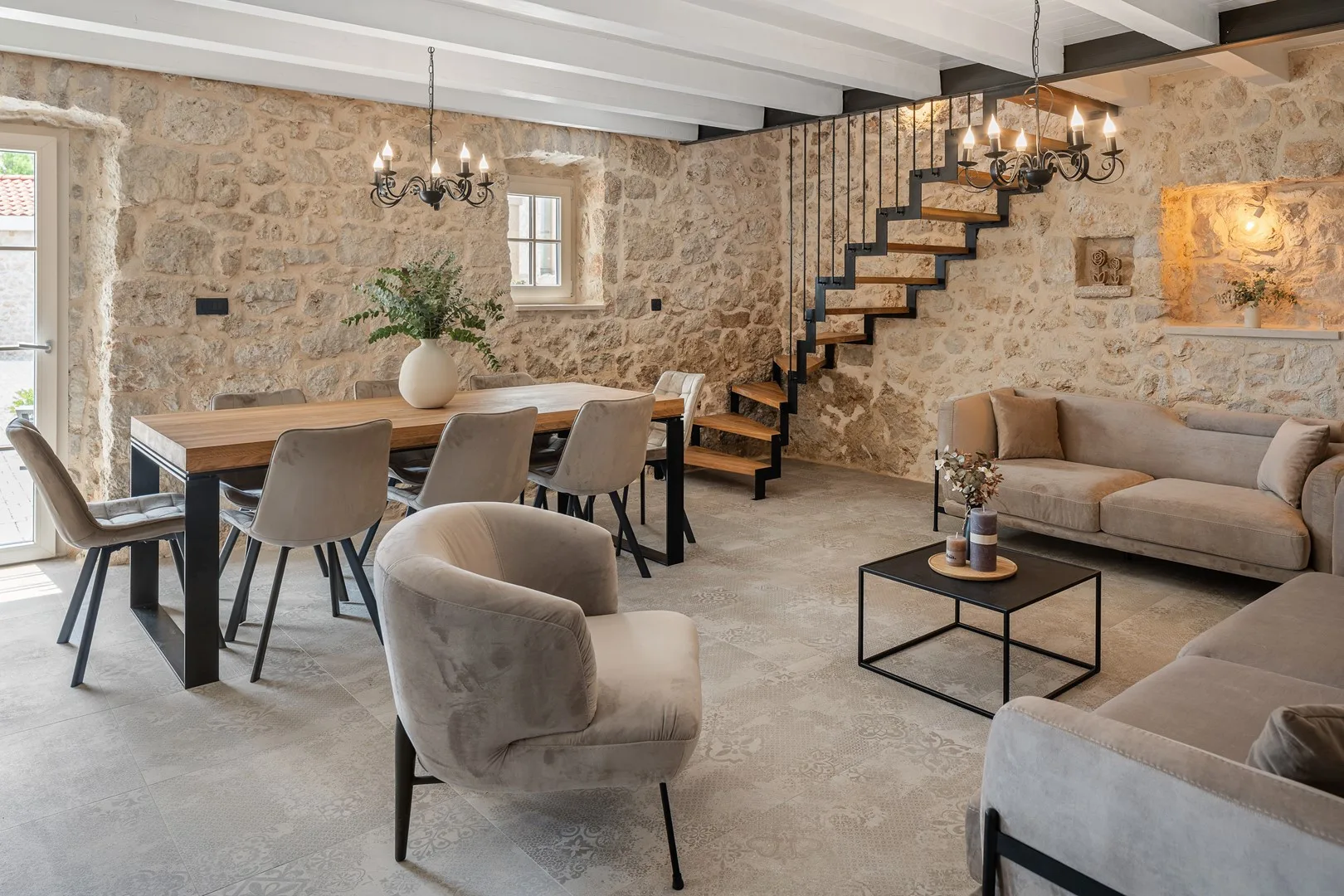 Living room and a dining area are connected by an open-plan layout