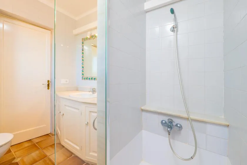 Un baño con lavabo junto a una ducha alicatada.