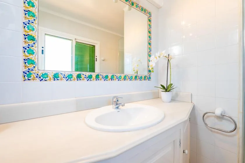 Un tocador de baño luminoso con un espejo decorativo y una orquídea en maceta.