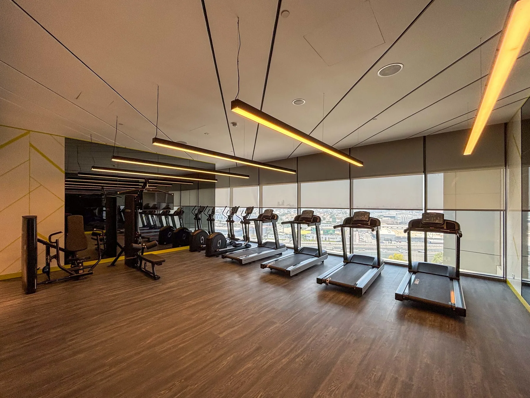 A gym with treadmills lined up beside large windows.