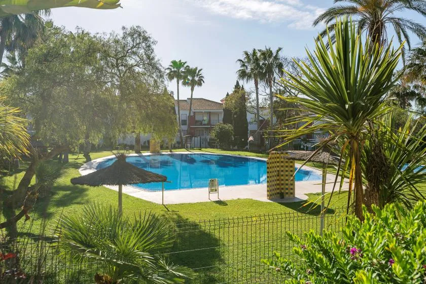 Una piscina está rodeada de jardines, palmeras y vegetación.