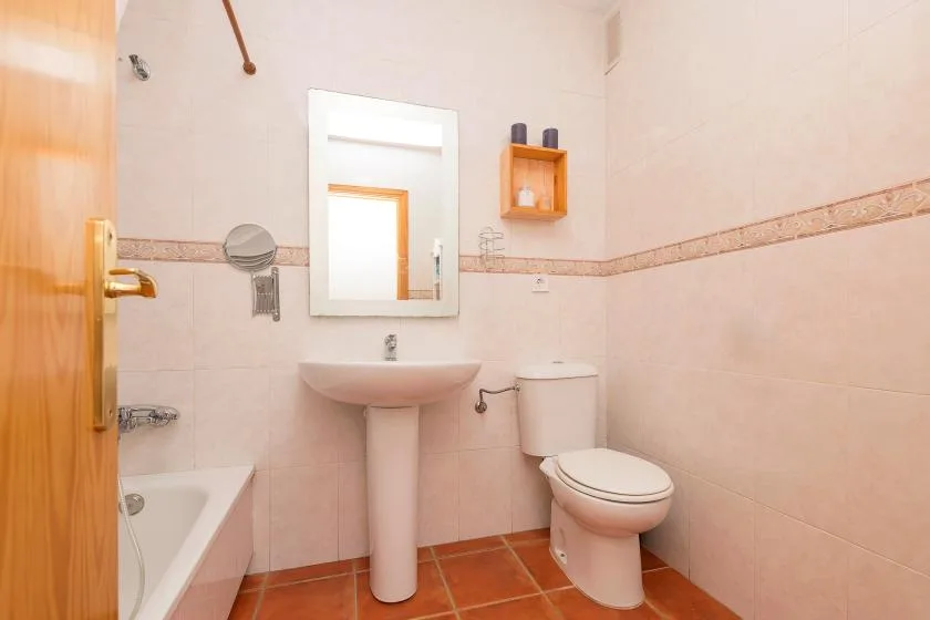 Un baño con lavabo, espejo e inodoro.