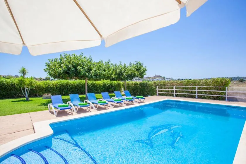 An outdoor swimming pool beside a lawn with lounge seating and a large umbrella.