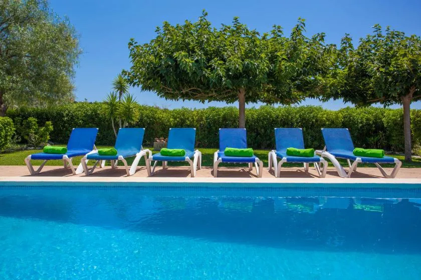 An outdoor swimming pool has blue water and loungers beneath leafy trees.