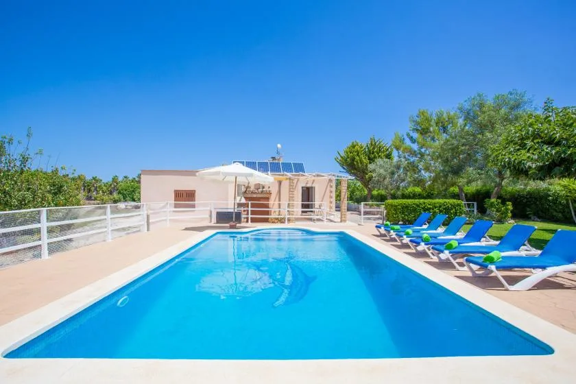 An outdoor swimming pool beside a row of blue lounge chairs.