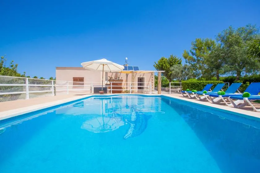 An outdoor swimming pool with blue loungers and a shaded patio.