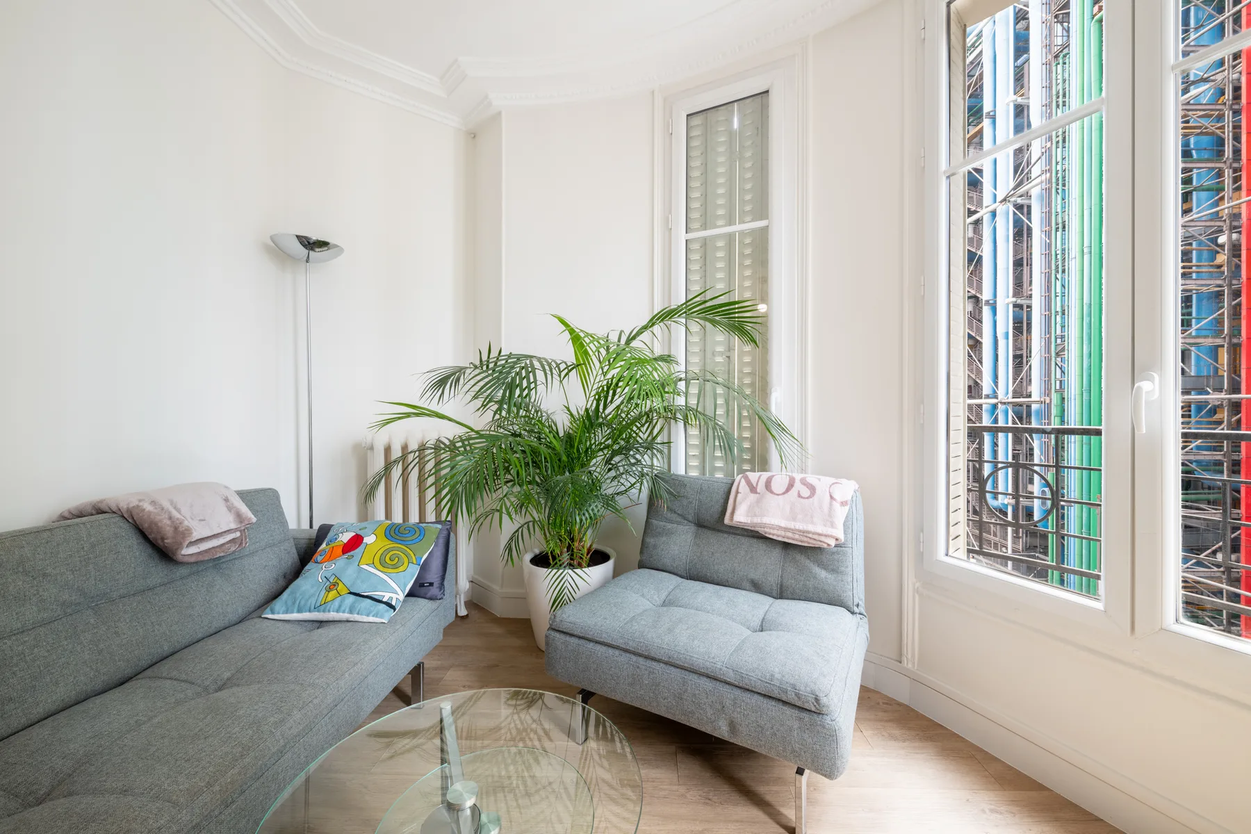A bright sitting room with gray seating, a leafy plant, and tall windows.