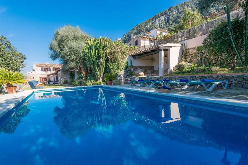 An outdoor swimming pool sits beside a garden and a covered patio.