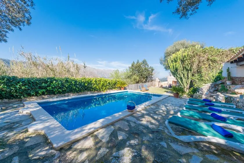 An outdoor swimming pool sits beside sun loungers in a landscaped garden.