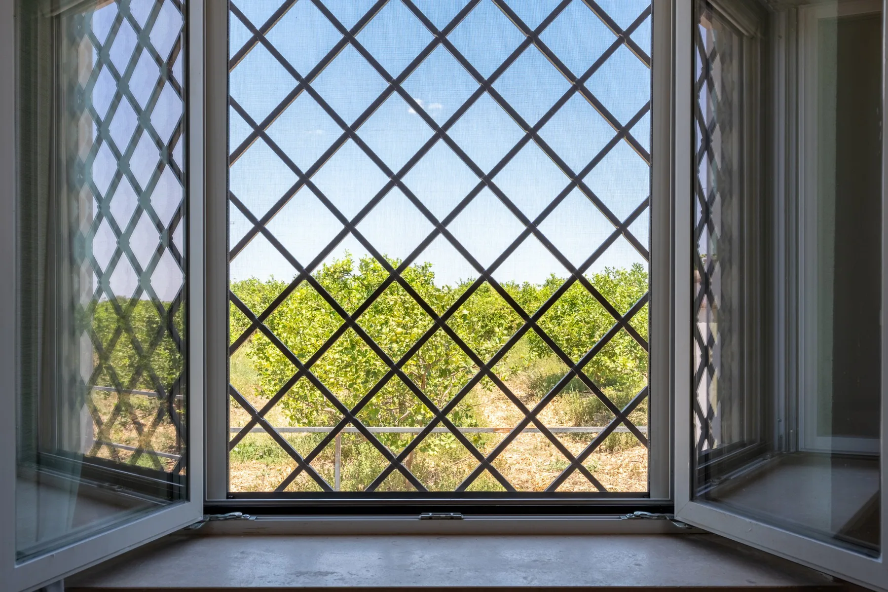 Una ventana abierta con una celosía de rombos da a árboles y arbustos verdes.