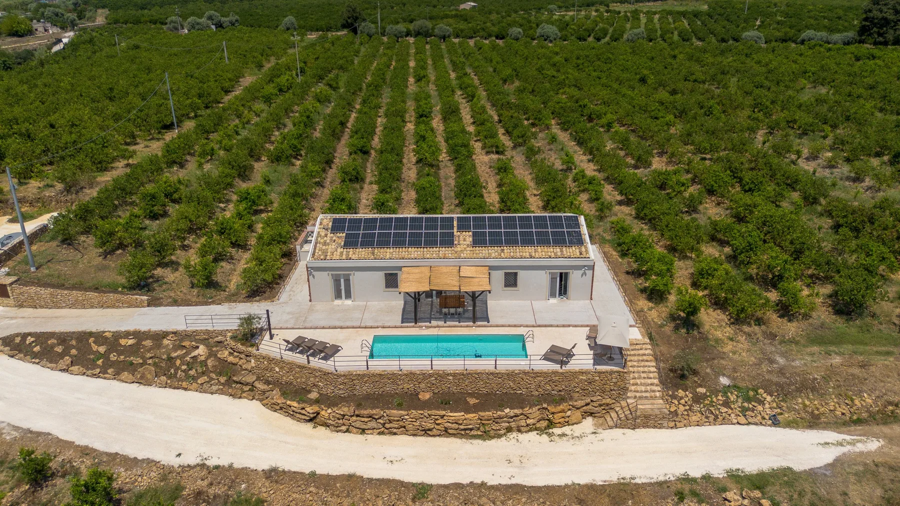 Un pequeño edificio con paneles solares en el techo y una piscina está entre hileras de árboles.