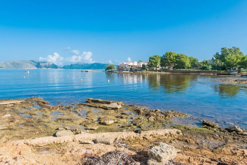 Una costa rocosa se encuentra con aguas tranquilas bajo un cielo despejado.