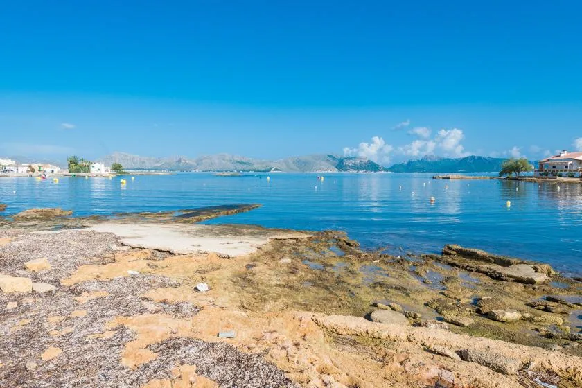 Una costa rocosa bordea aguas azules y tranquilas bajo un cielo despejado.