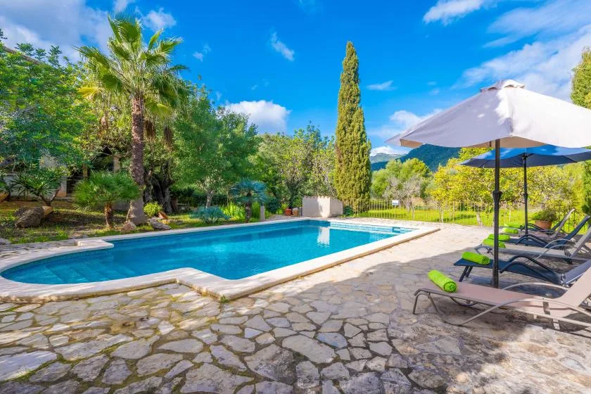 Una piscina al aire libre junto a un patio de piedra, a la sombra de una sombrilla.
