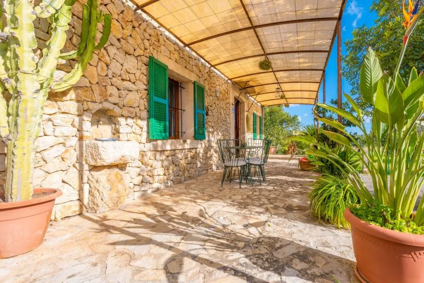 Un patio de piedra con asientos al aire libre está bajo un toldo translúcido, rodeado de plantas en macetas.