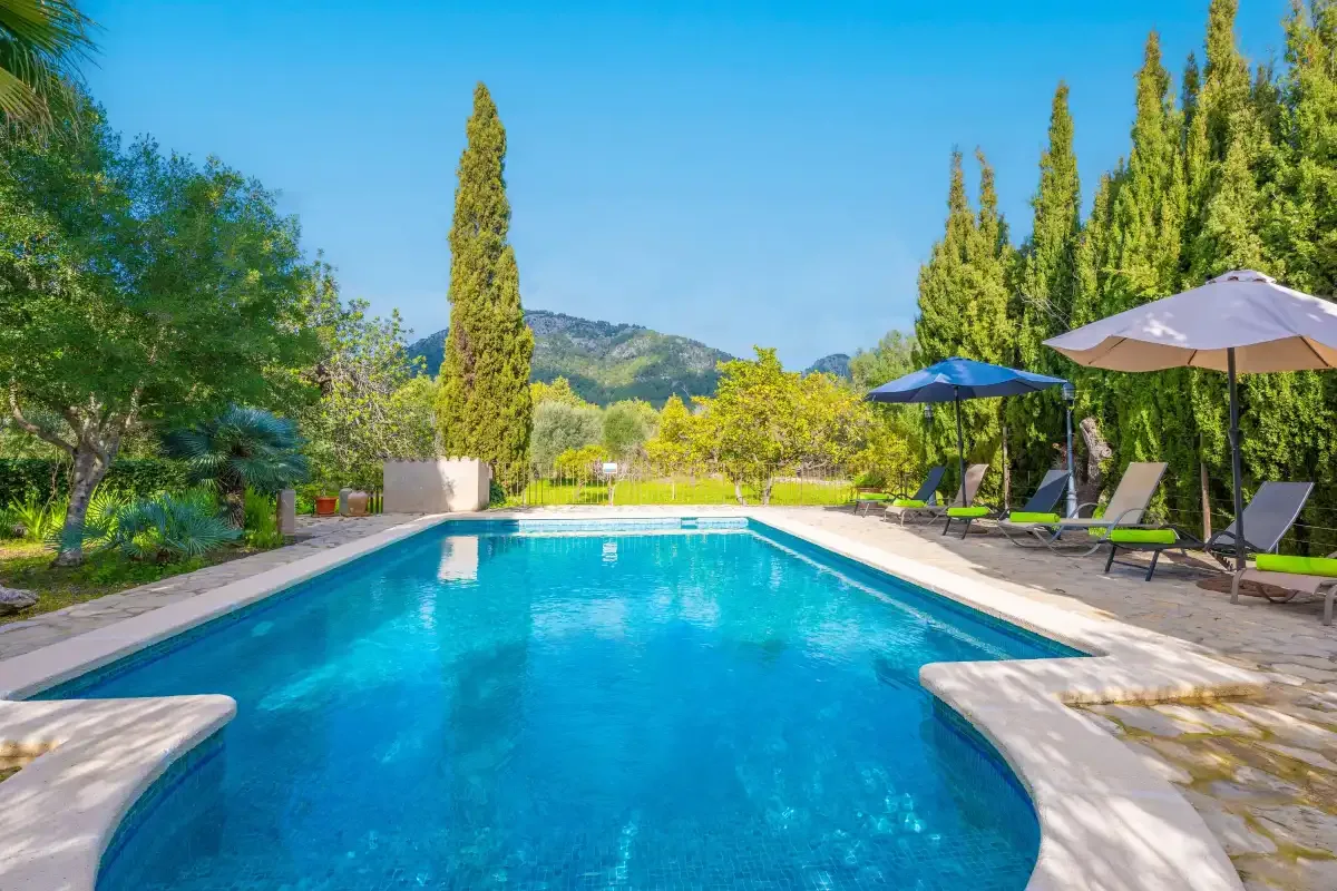 Una piscina al aire libre está rodeada de vegetación y asientos de descanso.
