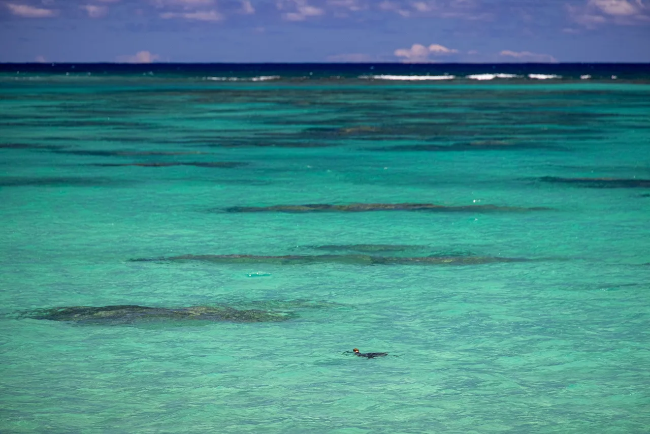 A turquoise ocean stretches toward a distant horizon beneath a partly cloudy sky.