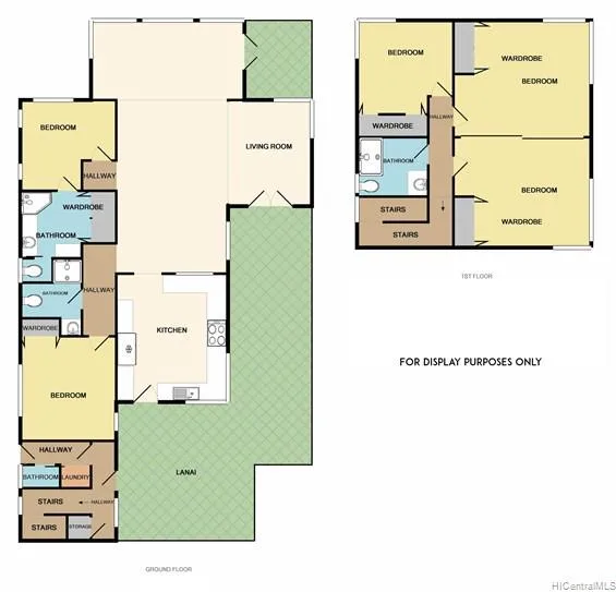 A floor plan shows the ground floor and first floor, with bedrooms, living areas, and a lanai.