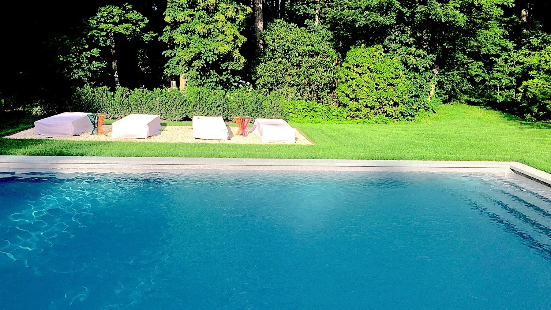 Una piscina al aire libre junto a un césped y vegetación.
