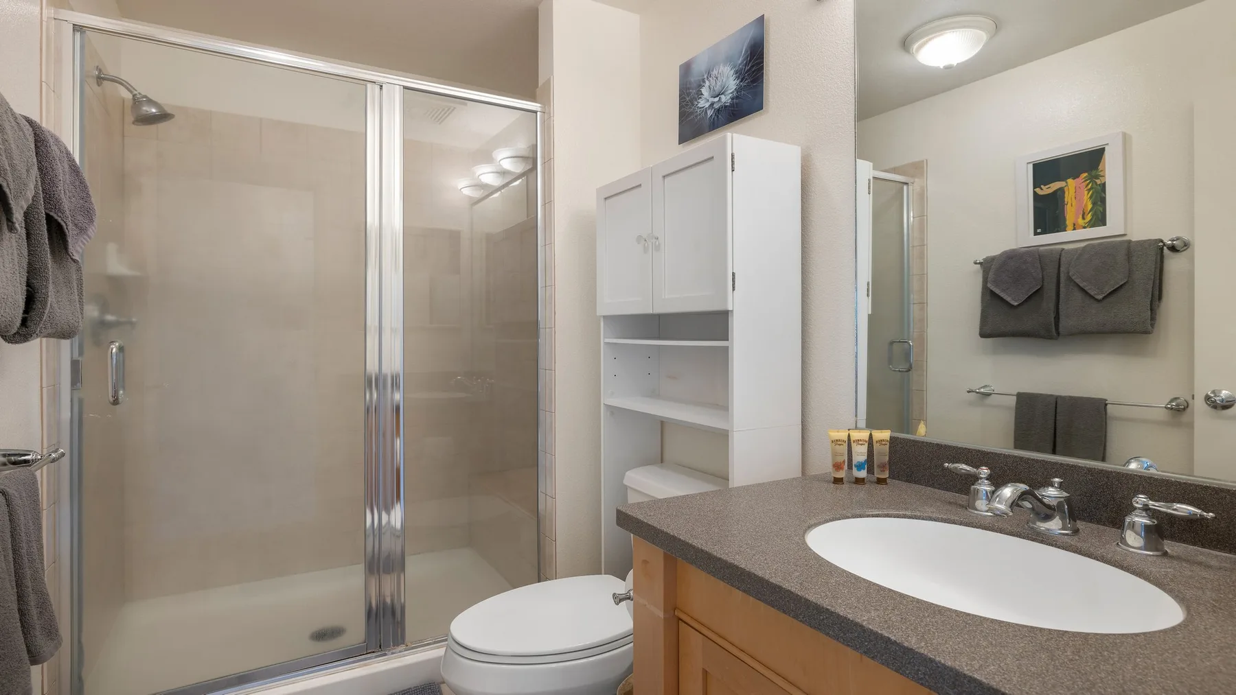 Un baño con ducha de vidrio, inodoro y lavabo con mueble.