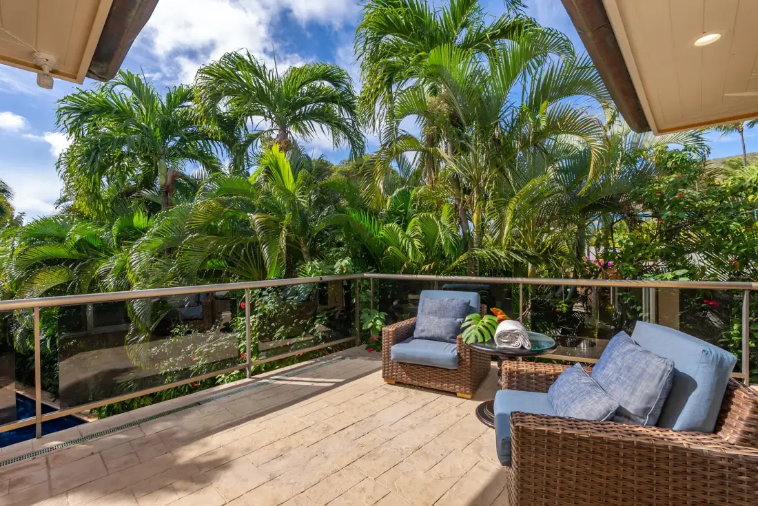 A sunny outdoor seating area overlooks a lush garden of palm trees.