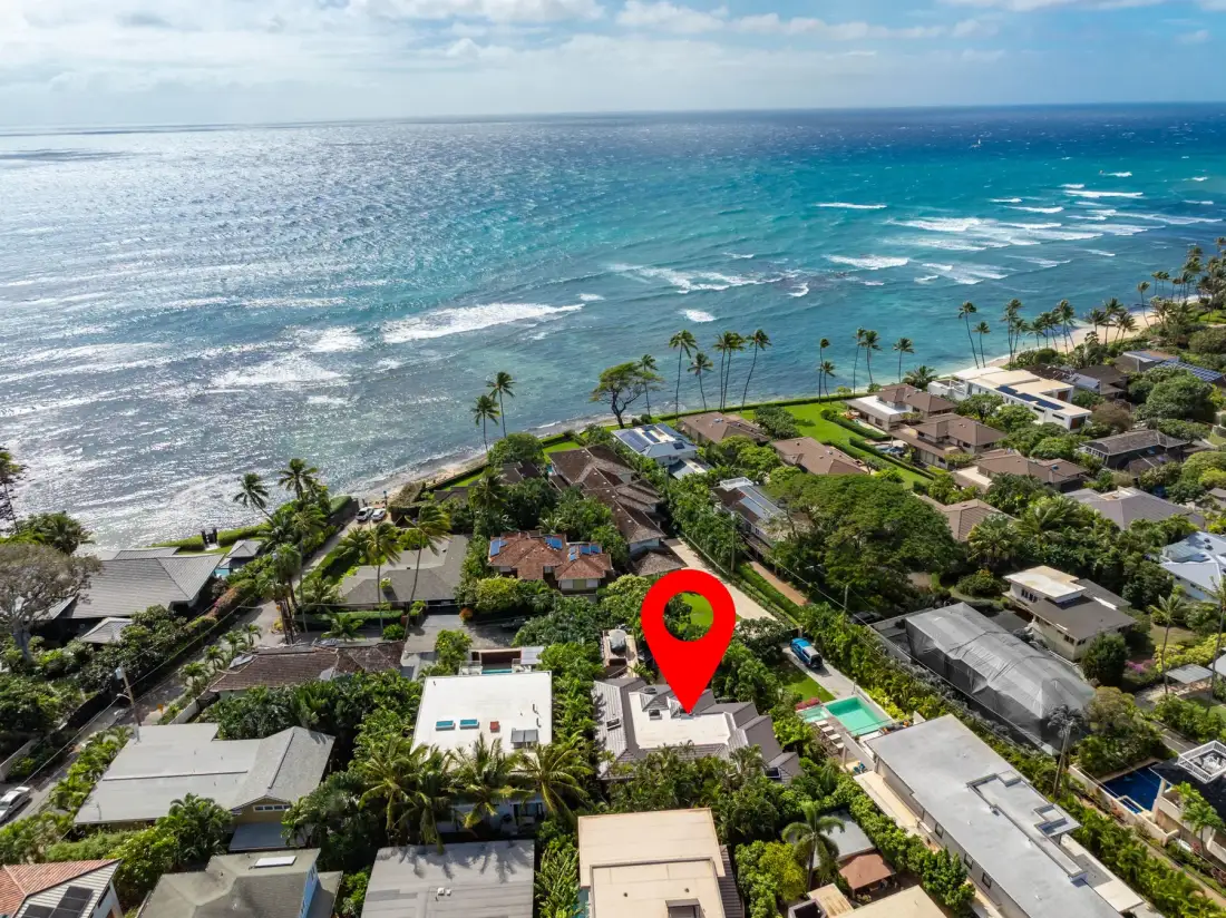 Aerial view of coastal homes and palm trees beside the ocean.