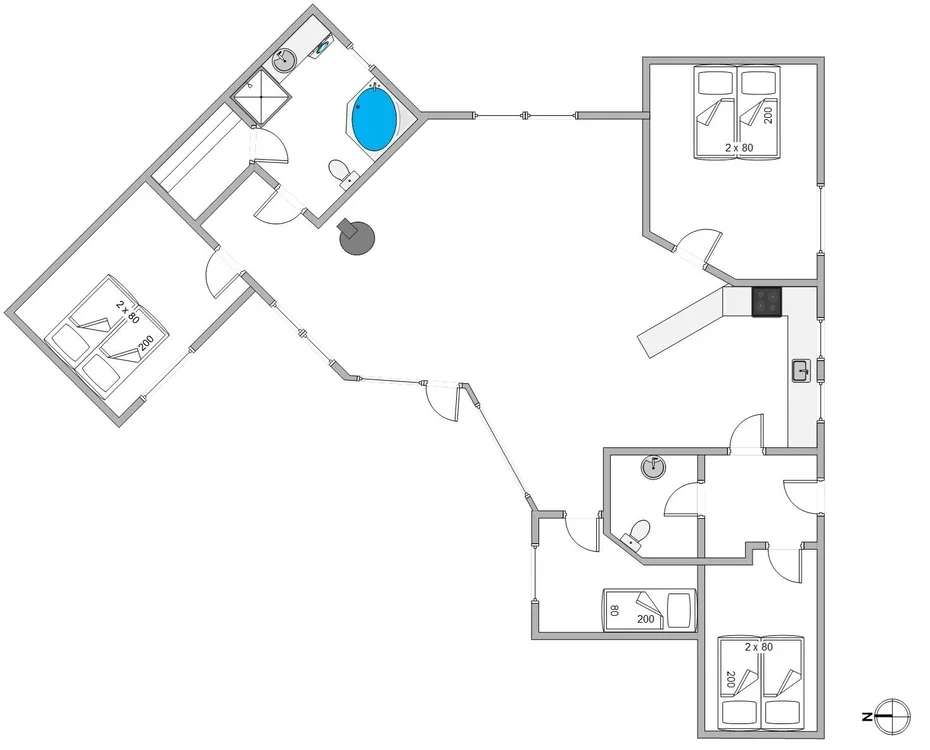 Un plano muestra varias habitaciones, camas y accesorios de baño.