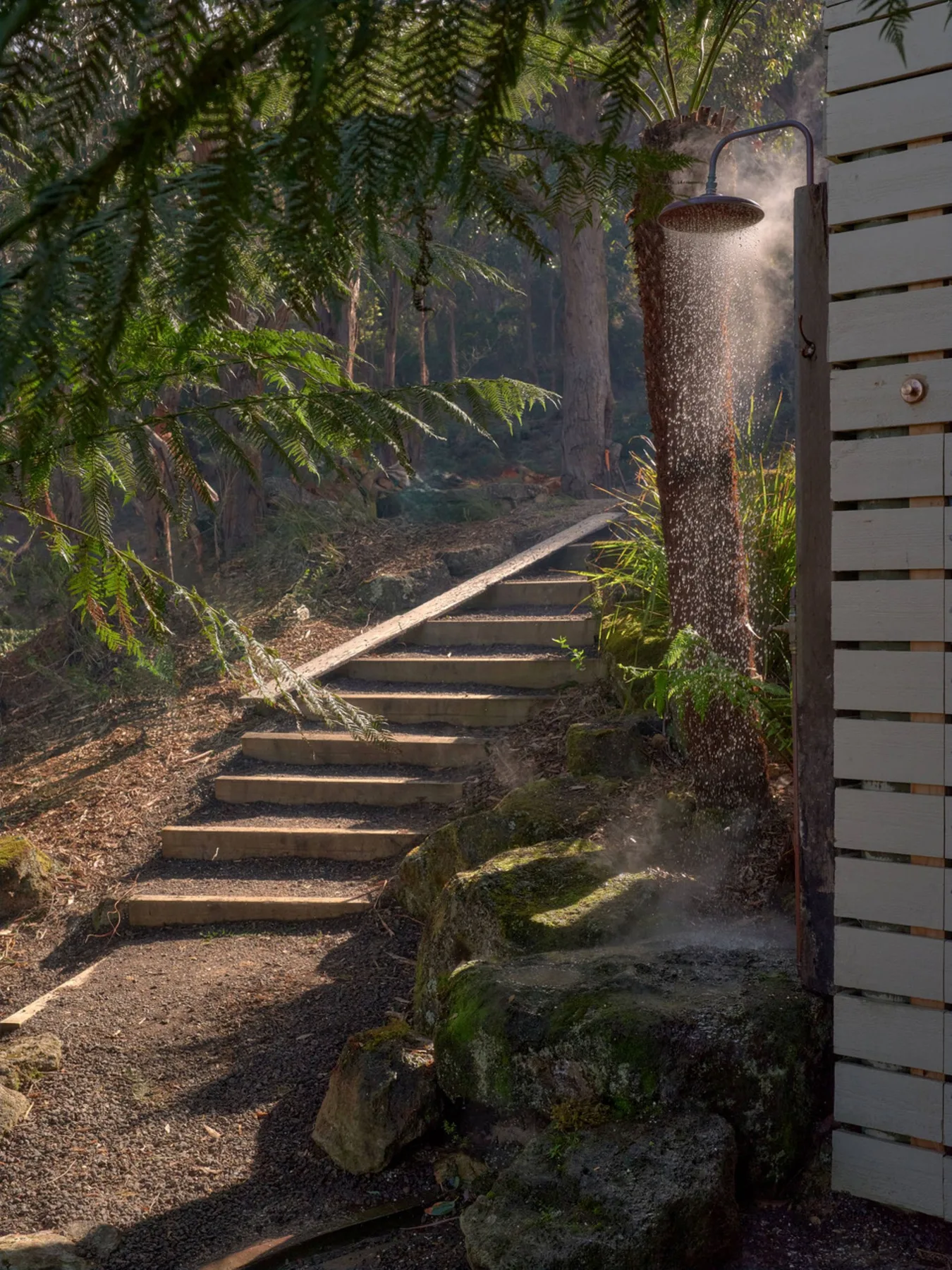Un sendero ajardinado con escalones y una ducha al aire libre.