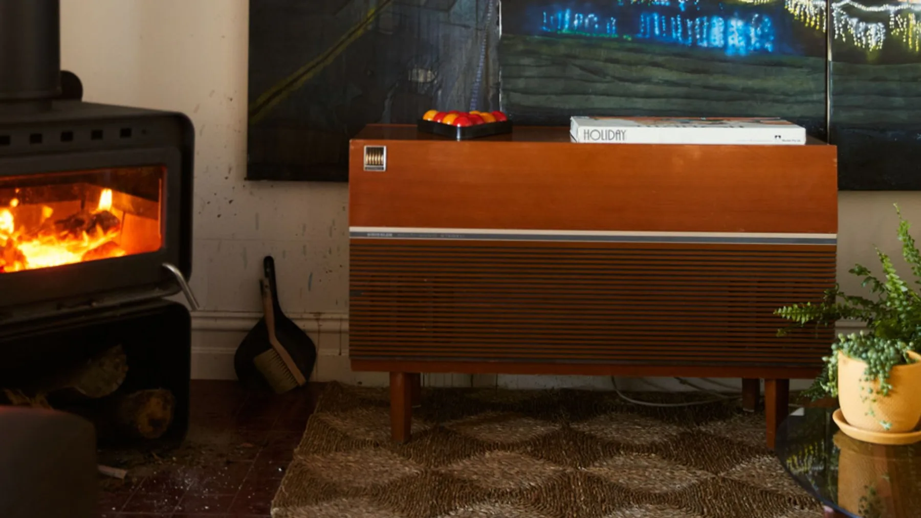 Una sala de estar con una estufa de leña, un mueble y plantas en macetas.