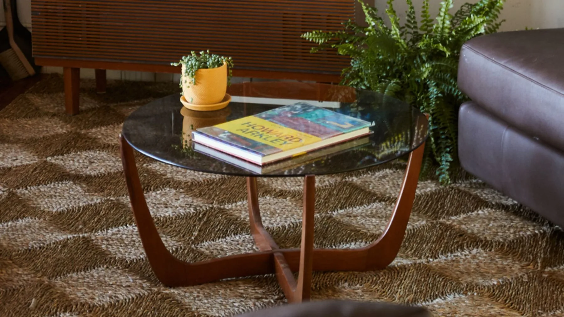 Una zona de estar con una mesa de centro de vidrio y una planta en maceta.
