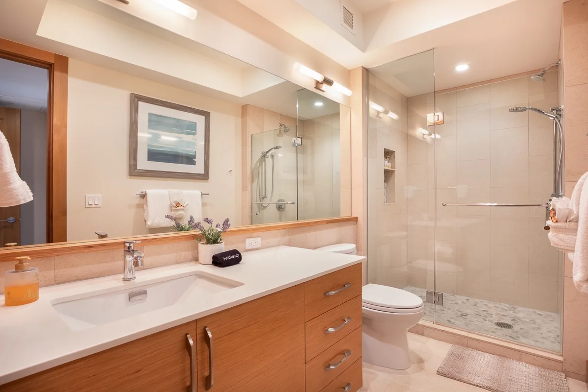 Un baño con un tocador largo, lavabo y ducha de vidrio.