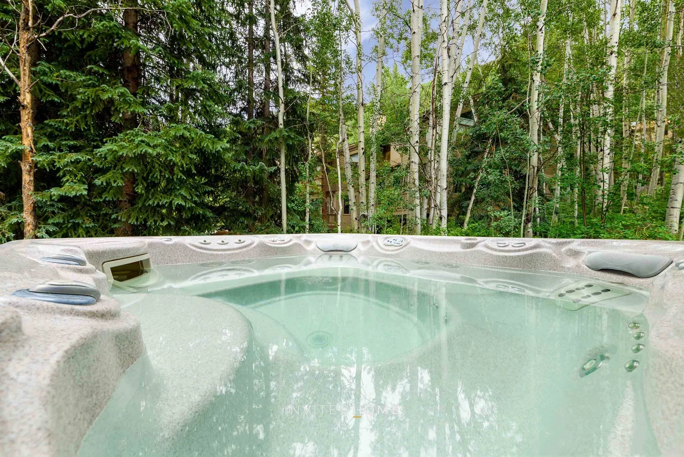 Una bañera de hidromasaje al aire libre está junto a una zona arbolada.