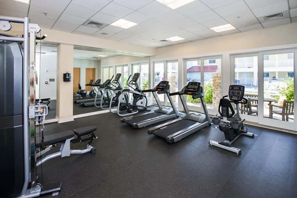 Un gimnasio con cintas de correr y bicicletas estáticas junto a grandes ventanas.