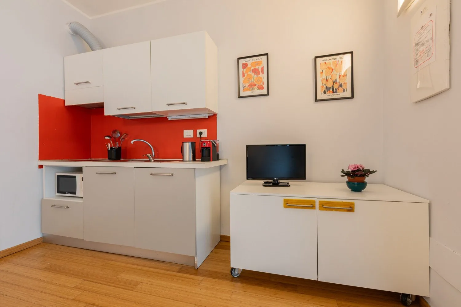 A compact kitchenette and television sit in a bright room with light wood flooring.
