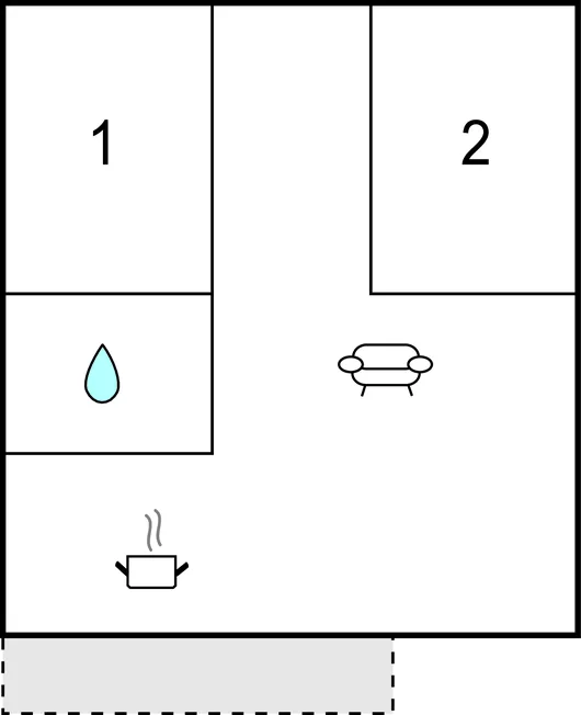 A simple floor plan shows a seating area, a water symbol, and a cooking pot.