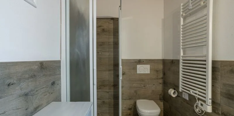 A bathroom with a shower, toilet, and wall-mounted towel warmer.